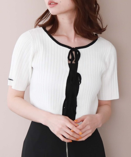 archives（アルシーヴ）の「２ｗａｙリボンリブニット（ニット/セーター・レディース・ブルーグレー/アイボリー/オフホワイト/モカ/ブルー・MEDIUM）」の2枚目の写真