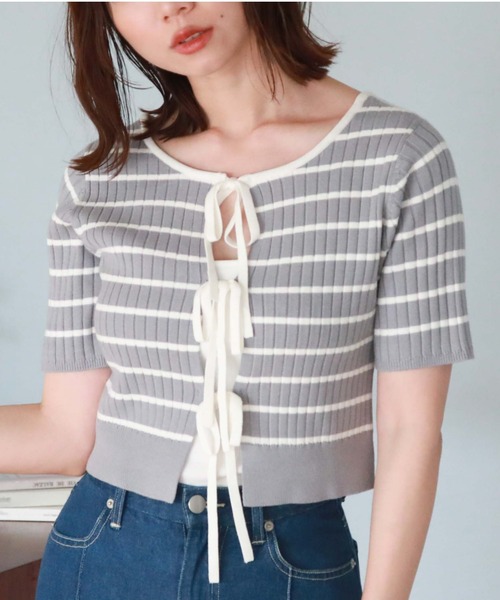 archives（アルシーヴ）の「２ｗａｙリボンリブニット（ニット/セーター・レディース・ブルーグレー/アイボリー/オフホワイト/モカ/ブルー・MEDIUM）」の5枚目の写真