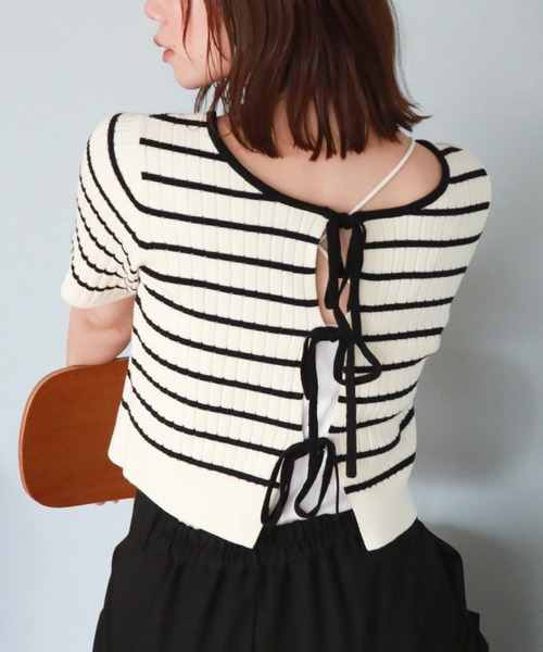 archives（アルシーヴ）の「２ｗａｙリボンリブニット（ニット/セーター・レディース・ブルーグレー/アイボリー/オフホワイト/モカ/ブルー・MEDIUM）」の3枚目の写真