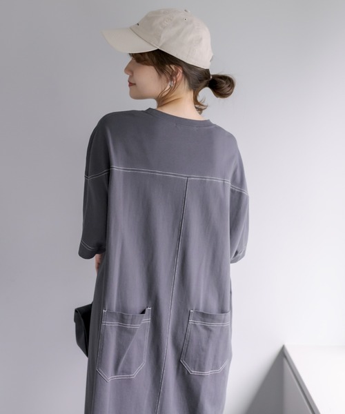 PUAL CE CIN（ピュアルセシン）の「オーガニックコットン配色ステッチ ハーフスリーブワンピース（ワンピース・レディース・チャコール/ナチュラル・FREE）」の2枚目の写真