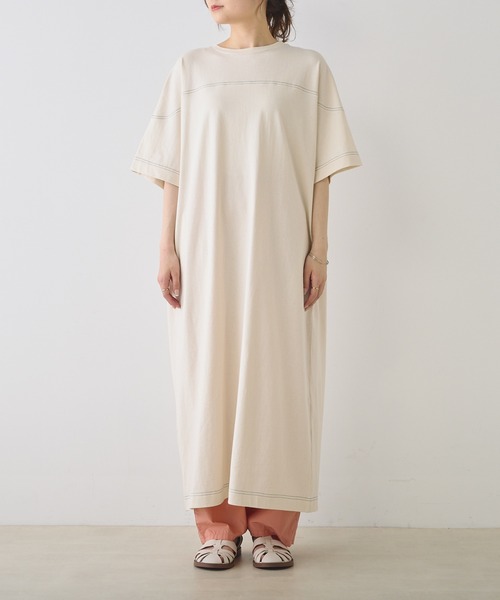 PUAL CE CIN（ピュアルセシン）の「オーガニックコットン配色ステッチ ハーフスリーブワンピース（ワンピース・レディース・チャコール/ナチュラル・FREE）」の13枚目の写真