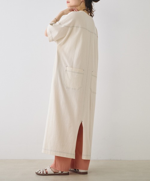 PUAL CE CIN（ピュアルセシン）の「オーガニックコットン配色ステッチ ハーフスリーブワンピース（ワンピース・レディース・チャコール/ナチュラル・FREE）」の5枚目の写真