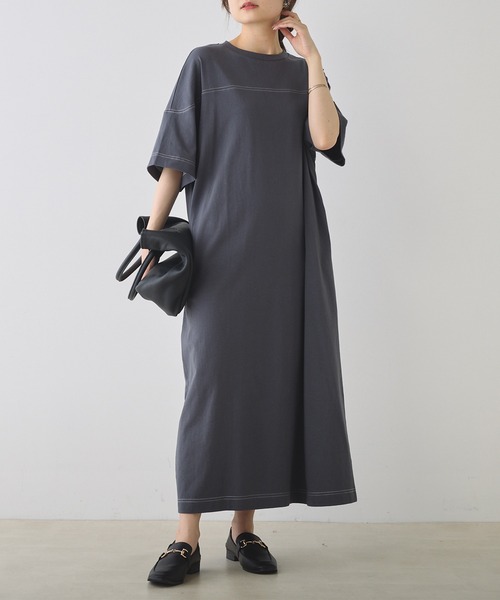 PUAL CE CIN（ピュアルセシン）の「オーガニックコットン配色ステッチ ハーフスリーブワンピース（ワンピース・レディース・チャコール/ナチュラル・FREE）」の15枚目の写真