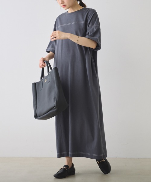 PUAL CE CIN（ピュアルセシン）の「オーガニックコットン配色ステッチ ハーフスリーブワンピース（ワンピース・レディース・チャコール/ナチュラル・FREE）」の7枚目の写真