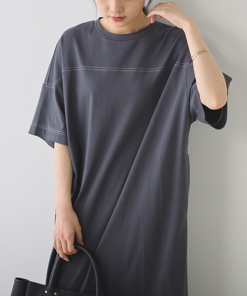 PUAL CE CIN（ピュアルセシン）の「オーガニックコットン配色ステッチ ハーフスリーブワンピース（ワンピース・レディース・チャコール/ナチュラル・FREE）」の14枚目の写真