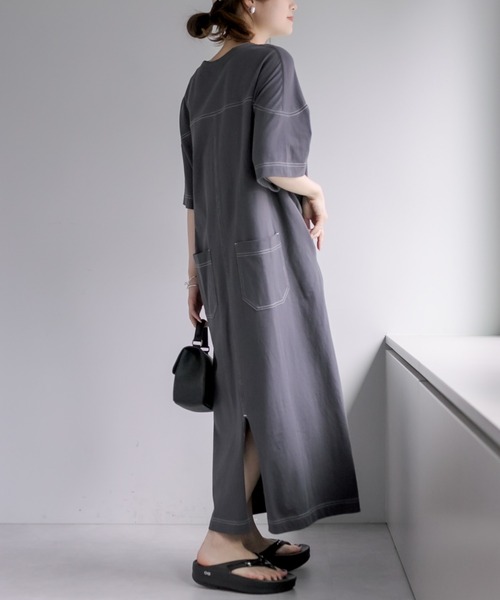 PUAL CE CIN（ピュアルセシン）の「オーガニックコットン配色ステッチ ハーフスリーブワンピース（ワンピース・レディース・チャコール/ナチュラル・FREE）」の22枚目の写真