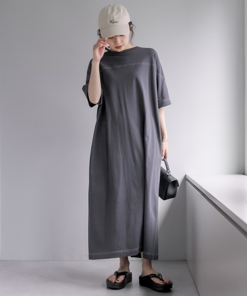 PUAL CE CIN（ピュアルセシン）の「オーガニックコットン配色ステッチ ハーフスリーブワンピース（ワンピース・レディース・チャコール/ナチュラル・FREE）」の21枚目の写真