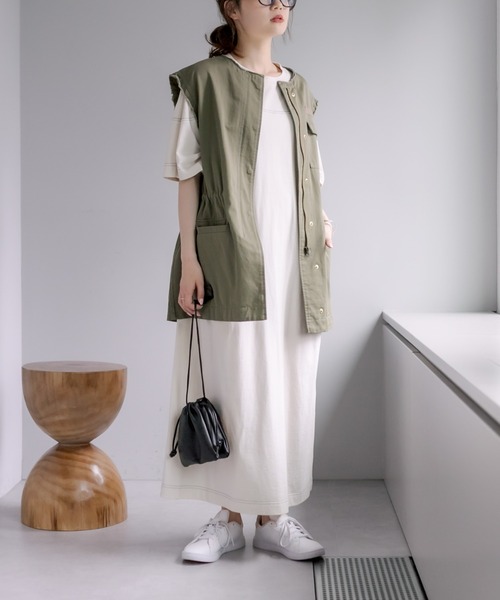 PUAL CE CIN（ピュアルセシン）の「オーガニックコットン配色ステッチ ハーフスリーブワンピース（ワンピース・レディース・チャコール/ナチュラル・FREE）」の17枚目の写真