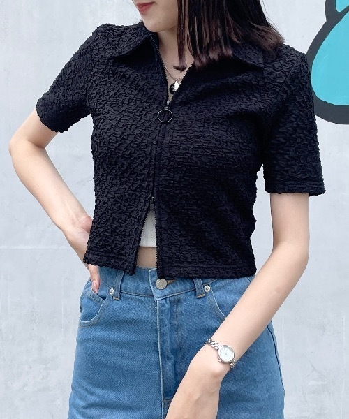 one way（ワンウェイ）の「Wジップエンボストップス（Tシャツ/カットソー・レディース・ブルー/ブラック/グリーン/ホワイト・FREE）」の2枚目の写真