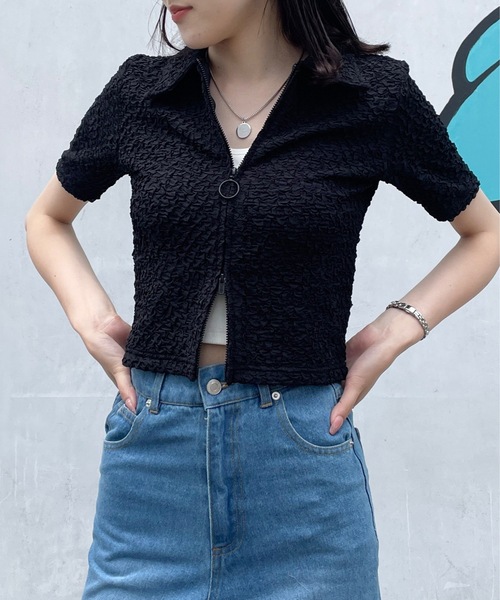 one way（ワンウェイ）の「Wジップエンボストップス（Tシャツ/カットソー・レディース・ブルー/ブラック/グリーン/ホワイト・FREE）」の5枚目の写真