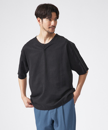 【リネン混】オーバーサイズ Vネック Tシャツ / キーネック