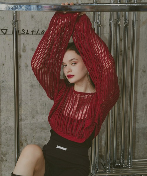 GAB GAB（ガブガブ）の「ショートメッシュニット（ニット/セーター・レディース・レッド/チャコールグレー/ブラック・FREE）」の3枚目の写真