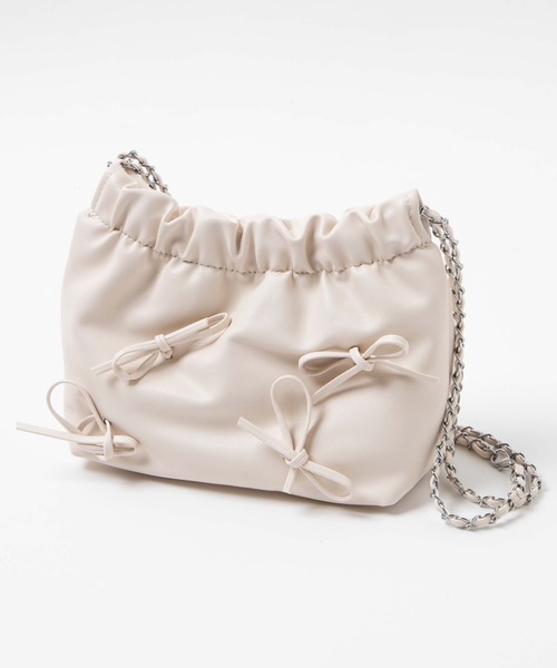 WEGO（ウィゴー）の「WEGO/リボン付き巾着ショルダー（ショルダーバッグ・レディース・オフホワイト/ブラック/シルバー・FREE）」の6枚目の写真