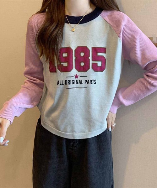 NANEA(ナネア)の「1985ロゴプリントラグランスリーブニットプルオーバー異素材ドッキング(ニット/セーター・レディース・ホワイト/グレー/レッド・ONE SIZE)」の11枚目の写真