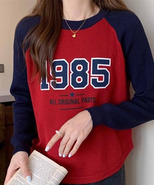 NANEA(ナネア)の「1985ロゴプリントラグランスリーブニットプルオーバー異素材ドッキング(ニット/セーター・レディース・ホワイト/グレー/レッド・ONE SIZE)」の19枚目の写真