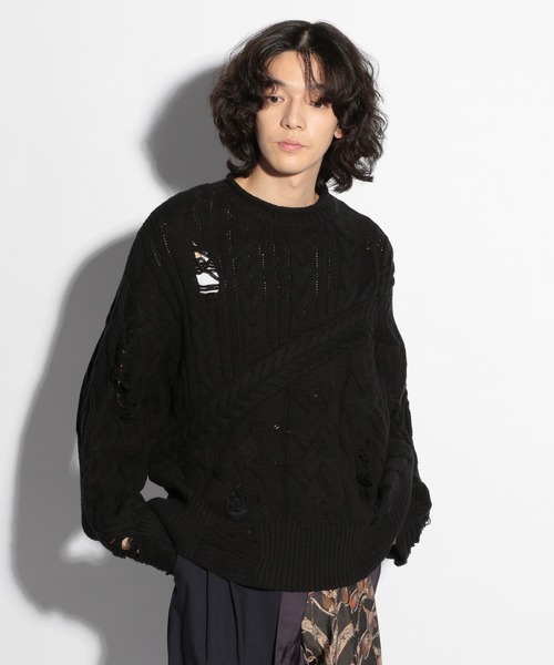 HARE（ハレ）の「【UNDER GROUND MODE】ダメージケーブルニットプルオーバー(HARE)（ニット/セーター・メンズ・ブラック/グレー/イエロー・FREE）」の11枚目の写真