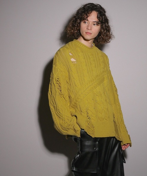 HARE（ハレ）の「【UNDER GROUND MODE】ダメージケーブルニットプルオーバー(HARE)（ニット/セーター・メンズ・ブラック/グレー/イエロー・FREE）」の16枚目の写真