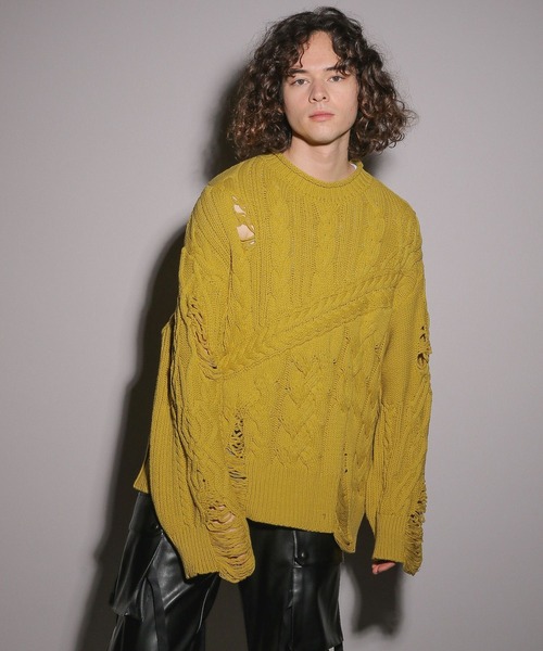 HARE（ハレ）の「【UNDER GROUND MODE】ダメージケーブルニットプルオーバー(HARE)（ニット/セーター・メンズ・ブラック/グレー/イエロー・FREE）」の17枚目の写真