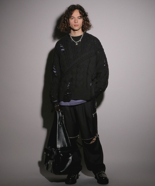 HARE（ハレ）の「【UNDER GROUND MODE】ダメージケーブルニットプルオーバー(HARE)（ニット/セーター・メンズ・ブラック/グレー/イエロー・FREE）」の5枚目の写真