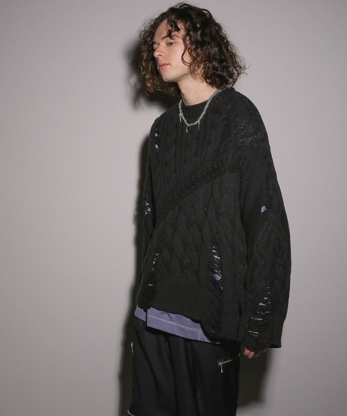 HARE（ハレ）の「【UNDER GROUND MODE】ダメージケーブルニットプルオーバー(HARE)（ニット/セーター・メンズ・ブラック/グレー/イエロー・FREE）」の8枚目の写真