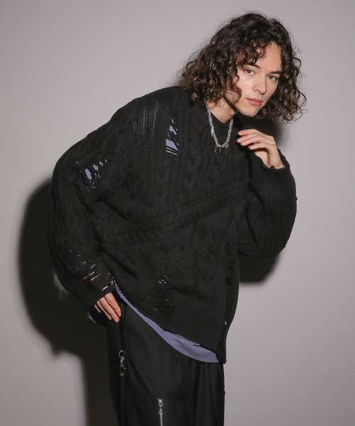 HARE（ハレ）の「【UNDER GROUND MODE】ダメージケーブルニットプルオーバー(HARE)（ニット/セーター・メンズ・ブラック/グレー/イエロー・FREE）」の9枚目の写真