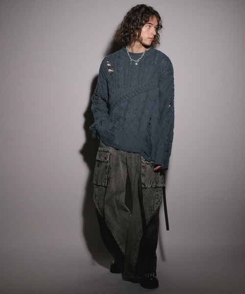 HARE（ハレ）の「【UNDER GROUND MODE】ダメージケーブルニットプルオーバー(HARE)（ニット/セーター・メンズ・ブラック/グレー/イエロー・FREE）」の20枚目の写真