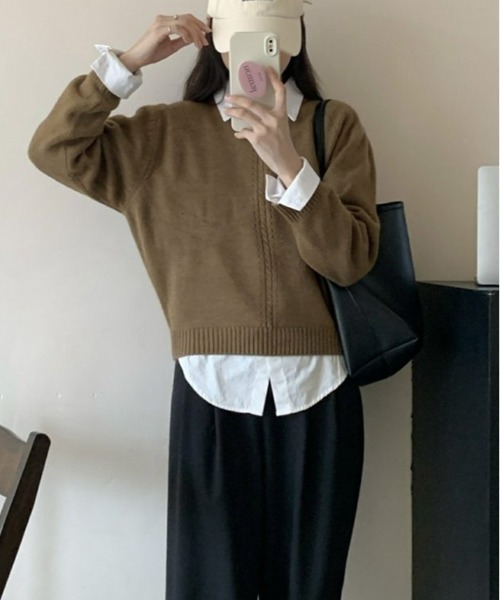 kirakiraShop(キラキラショップ)の「ツイスト デザイン クルーネック ニット(ニット/セーター・レディース・グレー/ピンク/アイボリー/モカ/イエロー・FREE)」の11枚目の写真