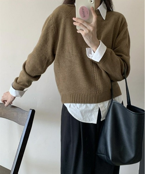 kirakiraShop(キラキラショップ)の「ツイスト デザイン クルーネック ニット(ニット/セーター・レディース・グレー/ピンク/アイボリー/モカ/イエロー・FREE)」の12枚目の写真