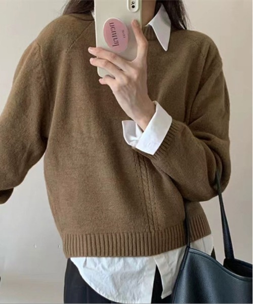 kirakiraShop(キラキラショップ)の「ツイスト デザイン クルーネック ニット(ニット/セーター・レディース・グレー/ピンク/アイボリー/モカ/イエロー・FREE)」の10枚目の写真
