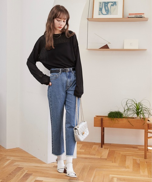 ANGIE（アンジー）の「裾 フリンジ ストレート デニム パンツ