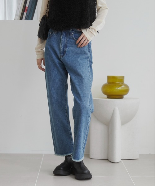 充実の品 セール】裾 フリンジ パンツ（デニムパンツ デニム ストレート パンツ