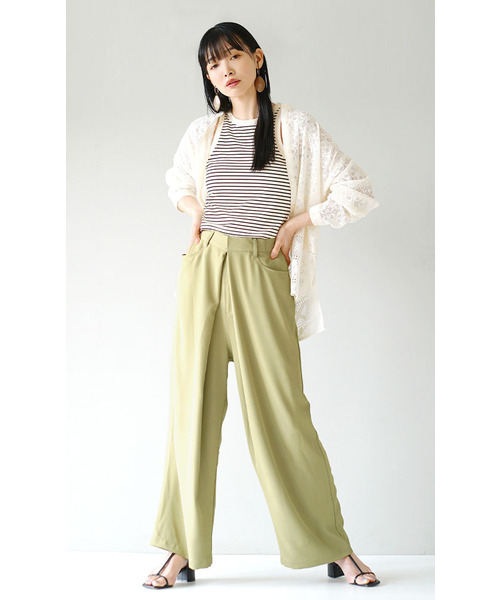 e-zakkamania stores（イーザッカマニアストアーズ）の「ラップタック ワイドパンツ（その他パンツ・レディース・ブラック/グレイッシュベージュ/黄緑系・M）」の6枚目の写真