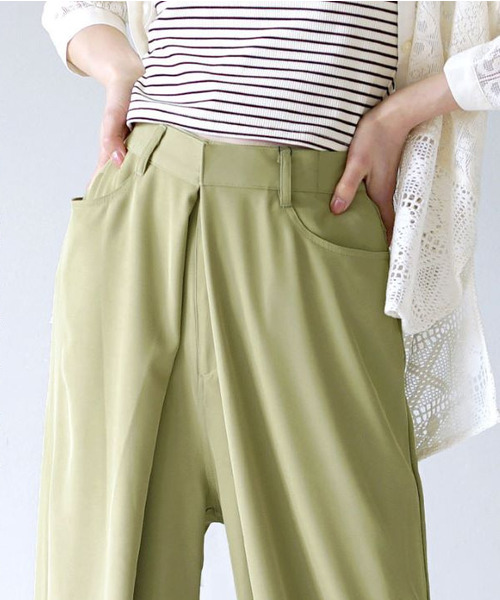 e-zakkamania stores（イーザッカマニアストアーズ）の「ラップタック ワイドパンツ（その他パンツ・レディース・ブラック/グレイッシュベージュ/黄緑系・M）」の7枚目の写真