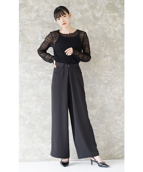 e-zakkamania stores（イーザッカマニアストアーズ）の「ラップタック ワイドパンツ（その他パンツ・レディース・ブラック/グレイッシュベージュ/黄緑系・M）」の9枚目の写真