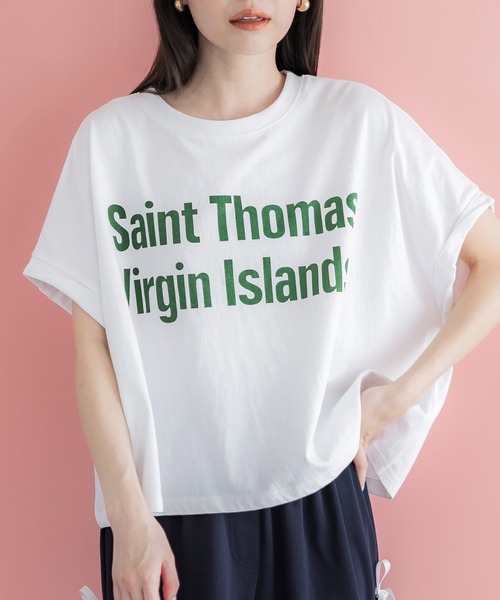 アメリカーナ　袖ロールアップ　ロゴ Tシャツ　ゆったり　ホワイト Americana/アメリカーナ 袖ロールアップTシャツ（Tシャツ