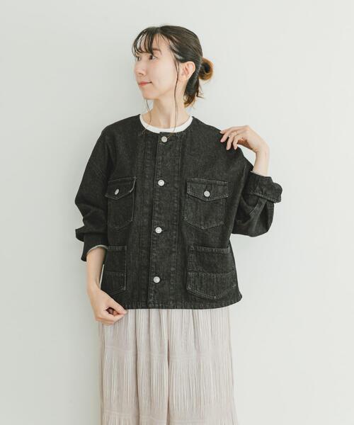 未使用❗️aa. デニム ノーカラージャケット ブラック セール】 ノーカラーデニムジャケット （Gジャン・デニムジャケット