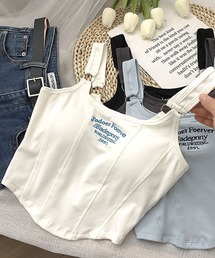 パット入りロゴ刺繍ショートキャミソール/タンクトップ