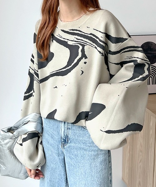 Futier land(フューティアランド)の「モチモチマーブル柄ニットプルオーバー(ニット/セーター・レディース・アイボリー/ブラック/アイボリー系2/ブラック系2・FREE)」の1枚目の写真