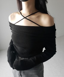 【 3WAY 】クロスストラップオフショルニットトップス / cross strap off-shoulder knit tops