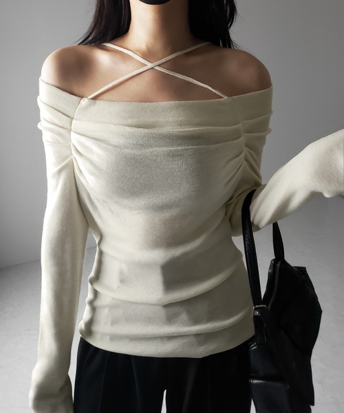 me+em select（ミームセレクト）の「【 ３WAY 】クロスストラップオフショルニットトップス ／ cross strap off-shoulder knit tops（ニット/セーター・レディース・グレー/ブラック/ホワイト・FREE）」の13枚目の写真