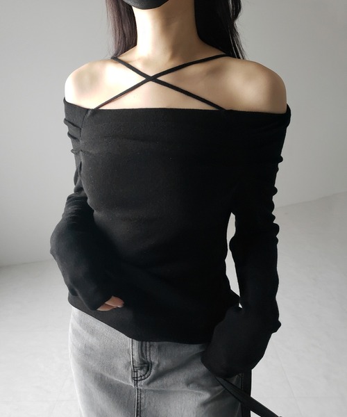 セール】【 3WAY 】クロスストラップオフショルニットトップス