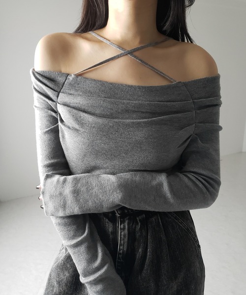セール】【 3WAY 】クロスストラップオフショルニットトップス