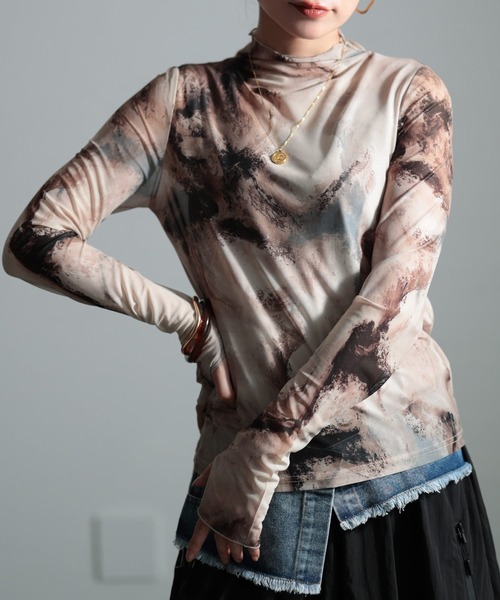 Sawa a la mode（サワアラモード）の「マーブル柄ハイネックチュールトップス（Tシャツ/カットソー・レディース・ブラック/ピンク/ベージュ・FREE）」の3枚目の写真