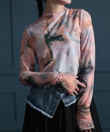 マーブル柄ハイネックチュールトップス