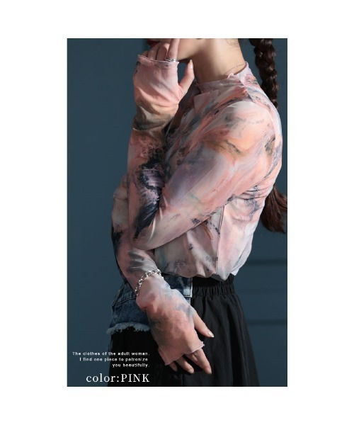 Sawa a la mode（サワアラモード）の「マーブル柄ハイネックチュールトップス（Tシャツ/カットソー・レディース・ブラック/ピンク/ベージュ・FREE）」の11枚目の写真