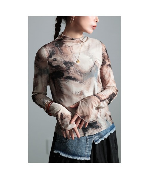 Sawa a la mode（サワアラモード）の「マーブル柄ハイネックチュールトップス（Tシャツ/カットソー・レディース・ブラック/ピンク/ベージュ・FREE）」の20枚目の写真