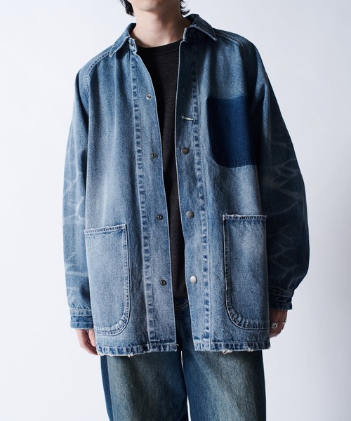 【激レア】NEIGHBORHOOD デニムカバーオール　ロゴプリント　ブルー　L 激レア】NEIGHBORHOOD デニムカバーオール ロゴプリント ブルー L