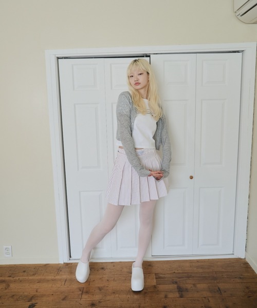 Smyeon(スミョン)の「Stripe layered pleated skirt/ストライプレイヤードスカート(スカート・レディース・ピンク/ベージュ・FREE)」の4枚目の写真