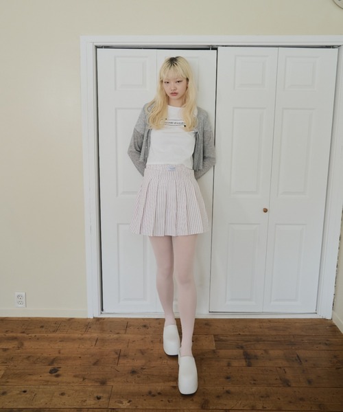 Smyeon(スミョン)の「Stripe layered pleated skirt/ストライプレイヤードスカート(スカート・レディース・ピンク/ベージュ・FREE)」の5枚目の写真