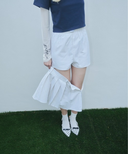 Smyeon(スミョン)の「Stripe layered pleated skirt/ストライプレイヤードスカート(スカート・レディース・ピンク/ベージュ・FREE)」の18枚目の写真